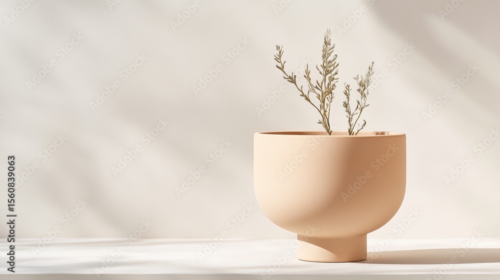Poster elegant clay planter with dried branches showcased in a minimalistic setting during soft daylight ho