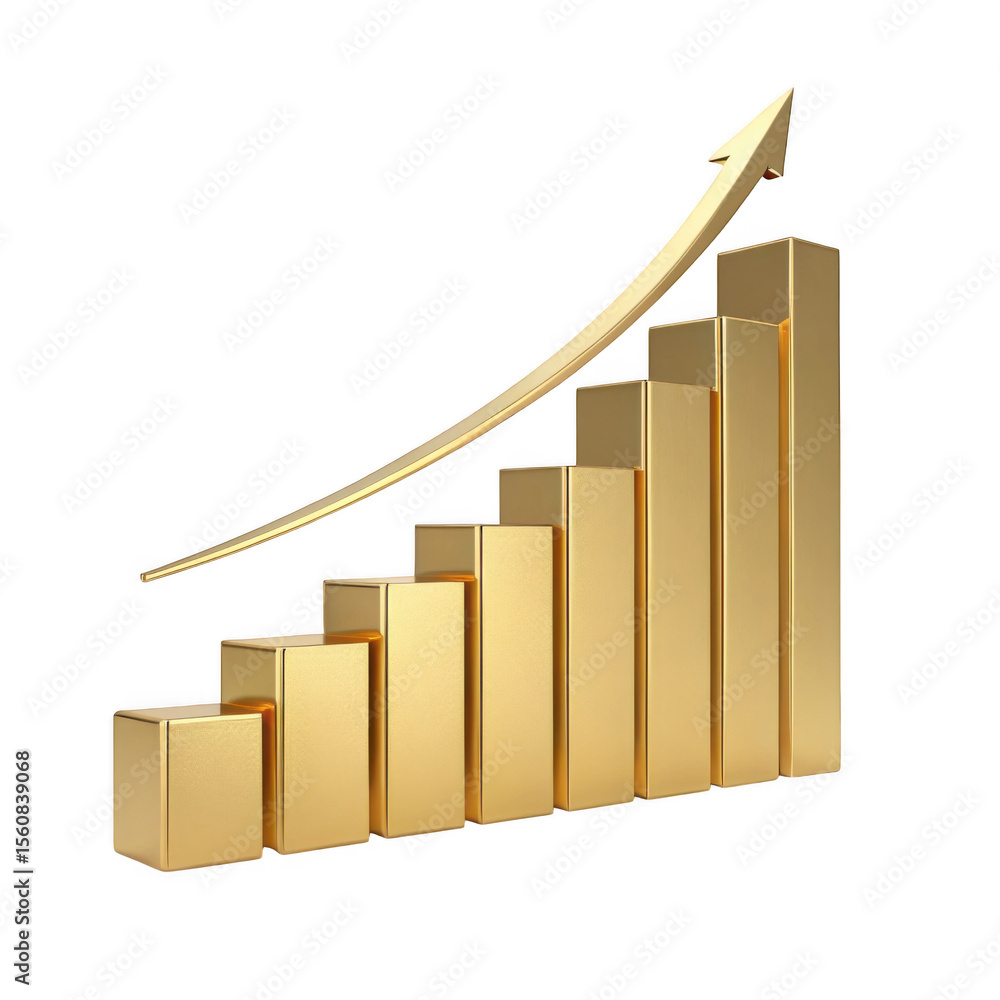 Poster 3d golden bar graph with upward arrow isolated on transparent background