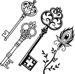 Vector set of antique metal keys and musical instrument icons