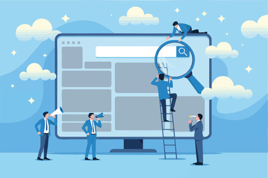 Flat cartoon vector illustration of people working on a computer screen with a magnifying glass isolated on transparent background