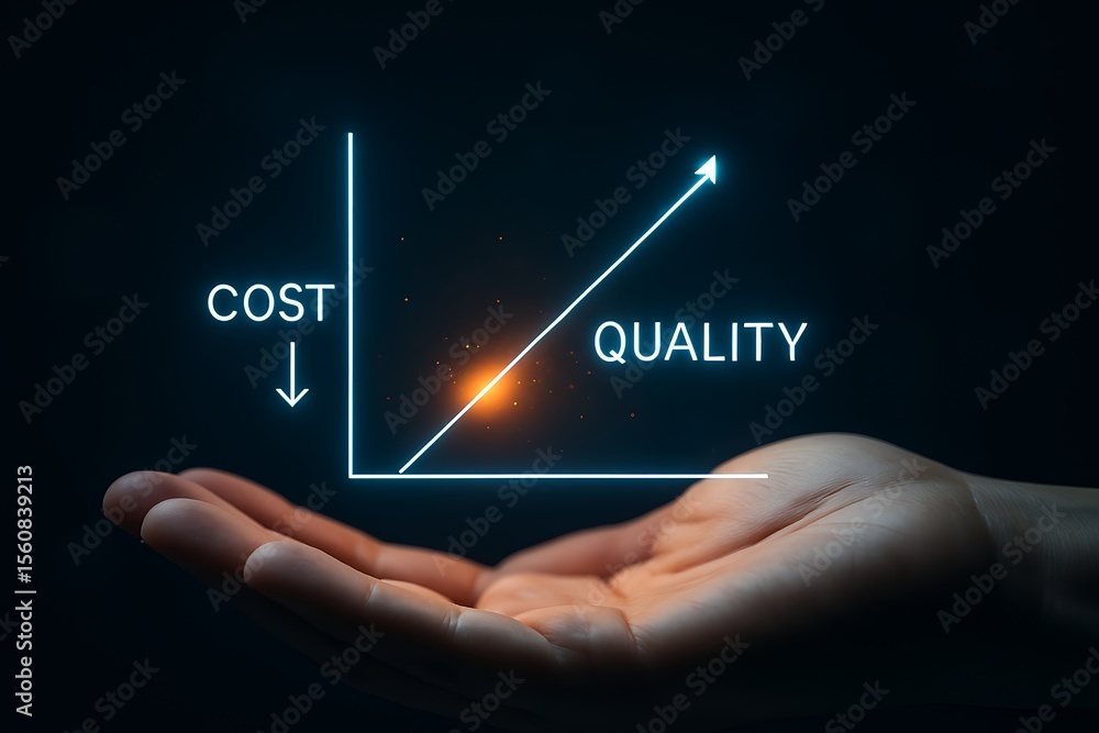 Poster hand holding graph showing decreasing cost and increasing quality decrease