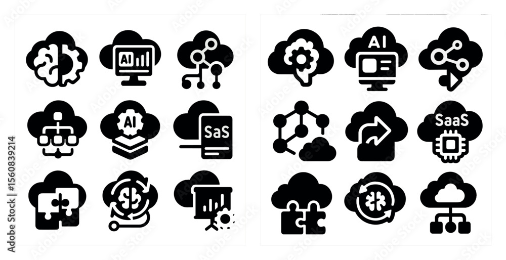 Poster set of icons for cloud computing. the icons are all black and white and include a variety of shapes 