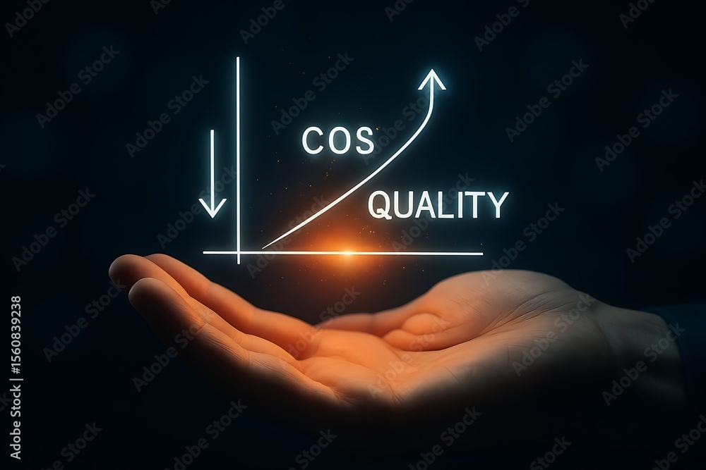 Poster hand holding glowing graph showing cost decreasing and quality increasing palm open