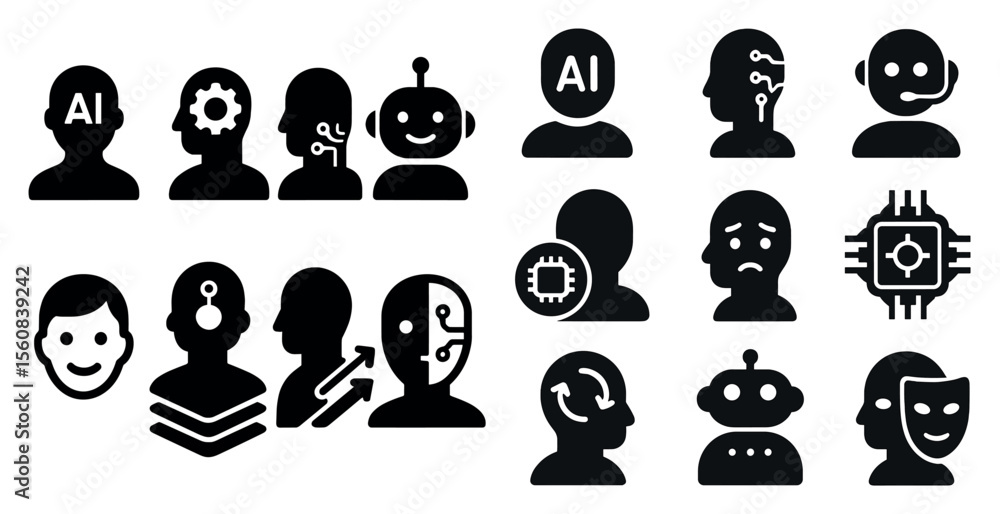 Poster collection of robot faces with the word ai on them. the faces are all different, but they all have a