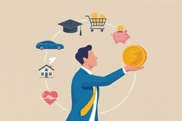 Man holding a coin with financial goals around him isolated on transparent background