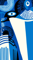 Abstract blue illustration with geometric shapes and bird motifs  