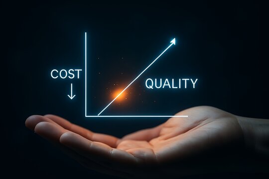 Hand holding graph showing decreasing cost and increasing quality decrease