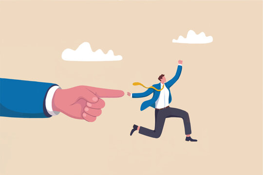 Business man running away from a pointing finger isolated on transparent background