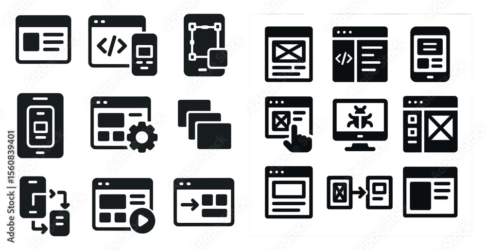 Poster set of icons for a computer screen. the icons include a mouse, a keyboard, a cell phone, and a table