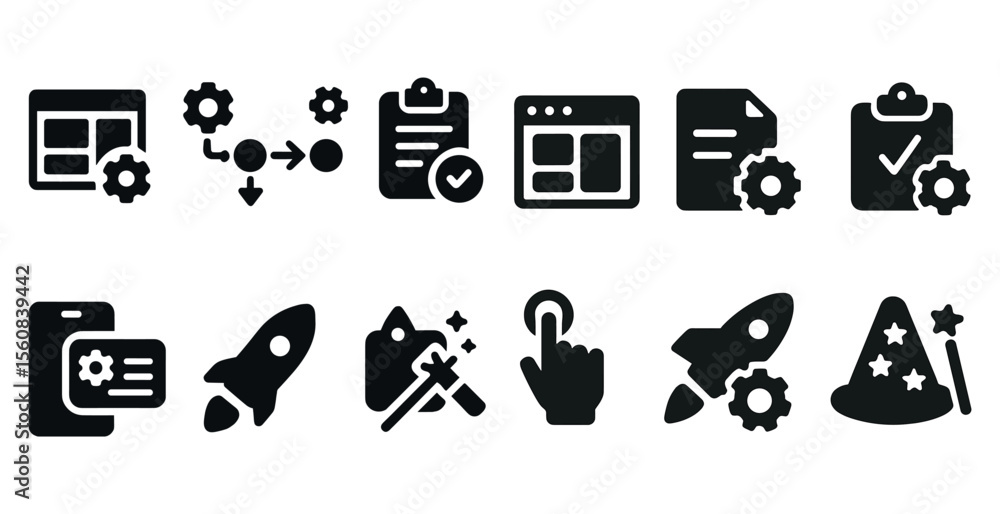 Poster set of icons for a computer program. the icons include a rocket, a check mark, a hand, a star, and a