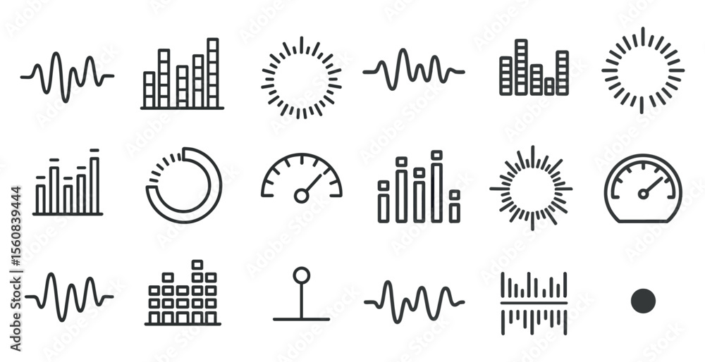Poster collection of various line drawings that represent different types of graphs and charts. scene is on