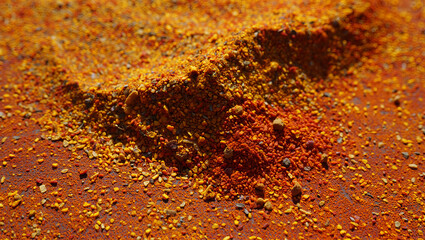 Bright piles of spices arranged with rich colors and textures create an eye-catching display. The intricate details highlight the natural beauty and vibrancy of various spice powders