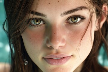Fototapeta premium A close up of a woman's face with freckles on her face