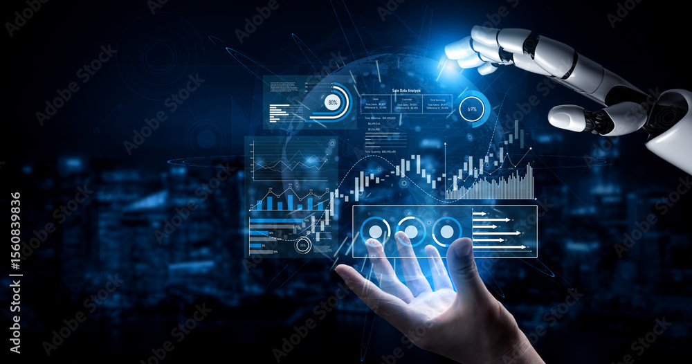 Poster ai analyzing sales data dashboard, visualizing performance metrics, detecting trends, and generating