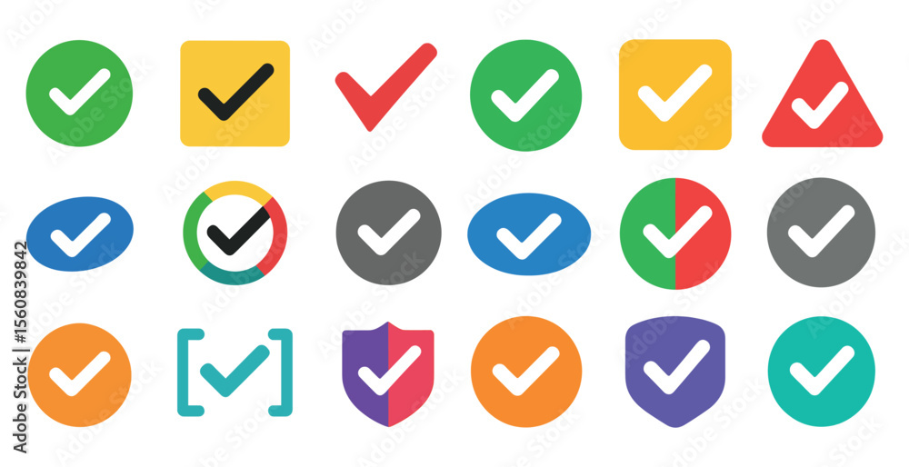Poster collection of check marks and other symbols. the check marks are in various colors and sizes. the sy