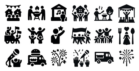 Collection of black and white icons depicting various social events such as weddings, parties, and festivals