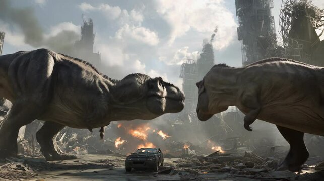 2 T Rex Tyrannosaurus Roaring City destruction science fiction