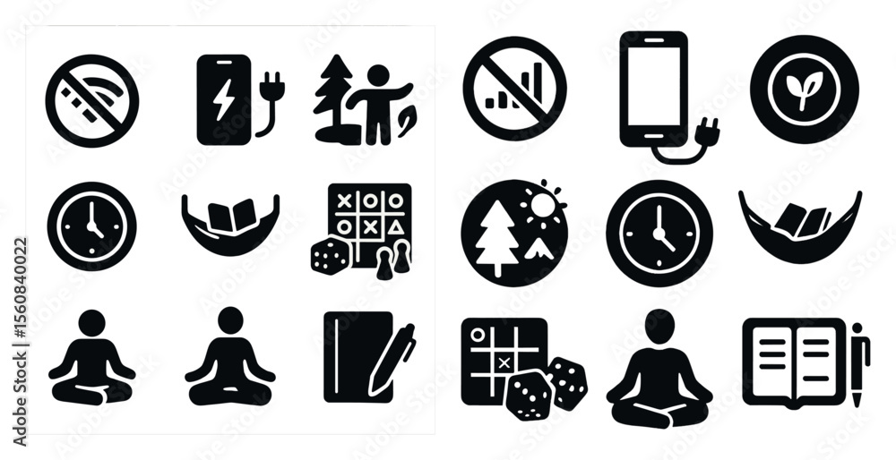 Poster collection of icons that represent various activities and objects. the icons include a clock, a book