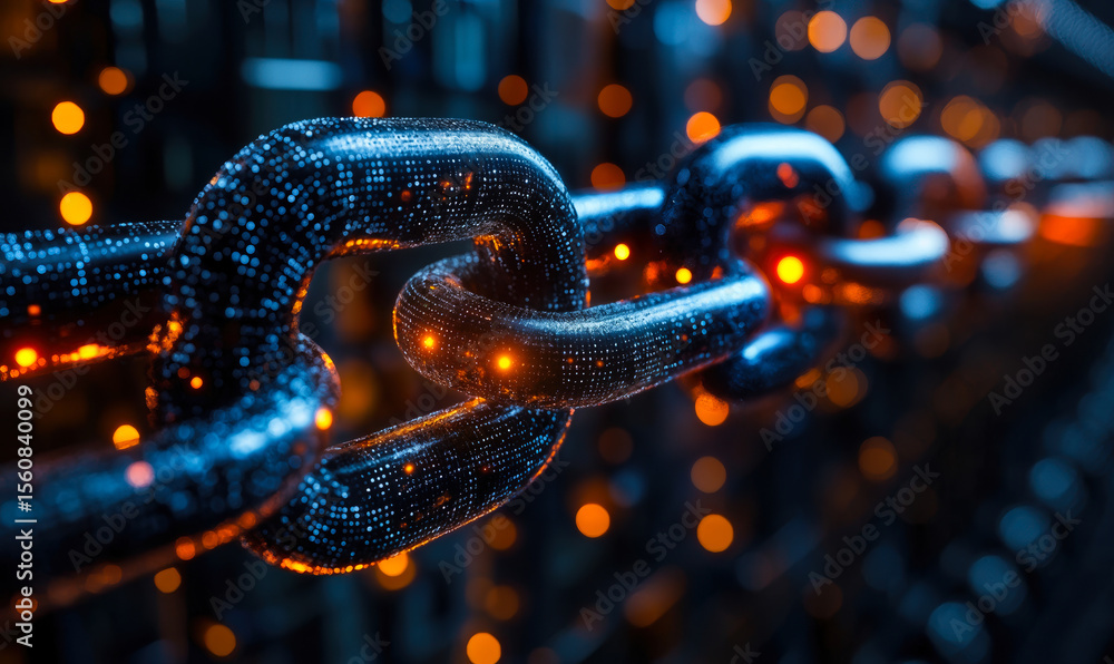 Poster close up digital blockchain chain links with glowing orange nodes on dark blue futuristic background