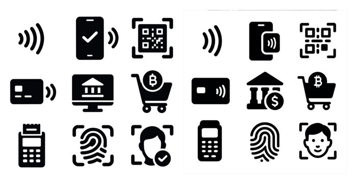 Collection of icons for various payment methods, including credit cards, mobile payments, and biometric authentication
