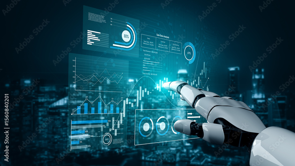Poster ai analyzing sales data dashboard, visualizing performance metrics, detecting trends, and generating