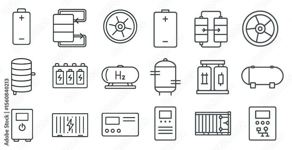 Poster collection of symbols and icons for various electrical and mechanical devices. scene is one of techn