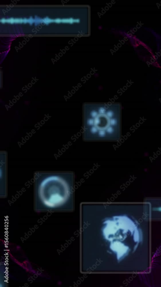 Poster animation of scopes scanning and data processing on dark background