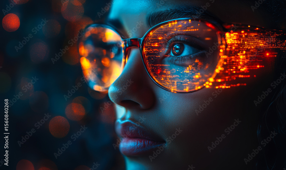 Poster close-up of woman wearing glasses reflecting glowing data streams and digital code in dark futuristi