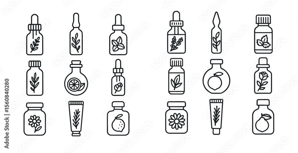 Aufkleber set of 12 different bottles with various herbs and plants on them. the bottles are lined up next to 