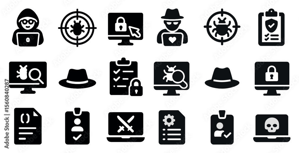 Poster collection of black and white icons depicting various computer-related activities such as hacking, s