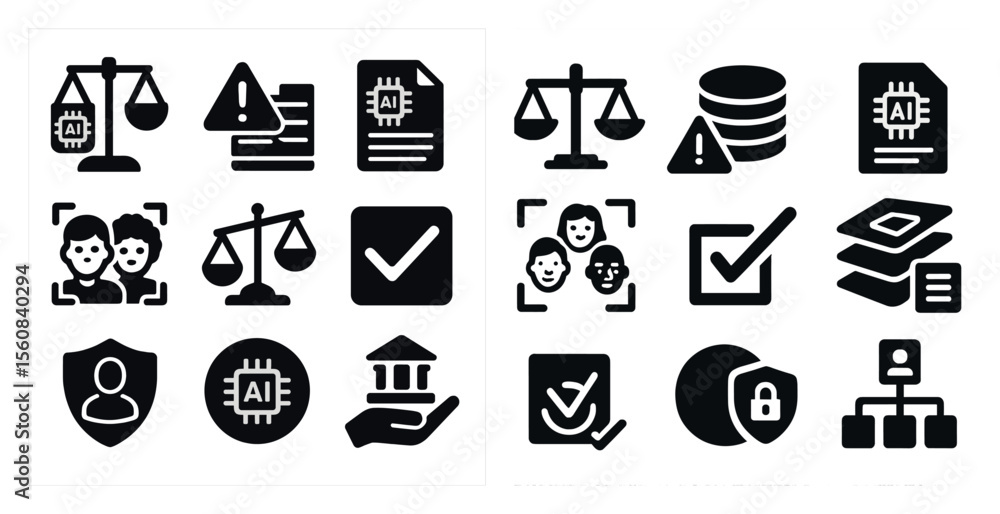 Aufkleber set of icons for a computer system. the icons include a scale, a check mark, a person holding a key,