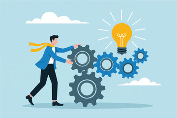 Business man connecting gears to a light bulb isolated on transparent background