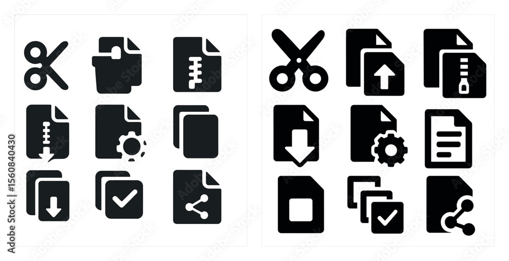 Poster the two sets of icons are both black and white. the first set of icons includes a pair of scissors, 