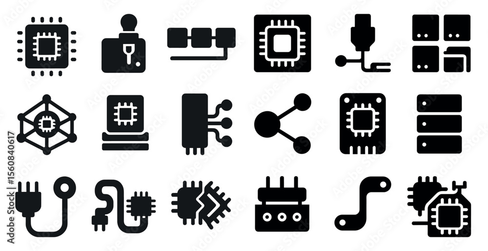 Poster collection of computer hardware icons, including a keyboard, mouse, and monitor. the icons are all b