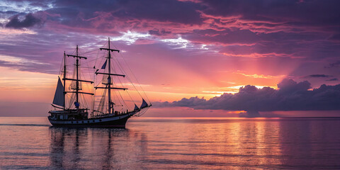 A sailing ship gently moves across tranquil waters as the sun sets, casting a warm glow and creating vibrant colors in the sky. The picturesque scene captures the beauty of nature