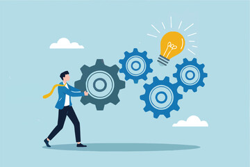 Business man turning gears to power a lightbulb idea isolated on transparent background