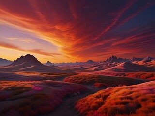 A breathtaking sunset illuminates a vibrant, colorful mountainous landscape with fiery red and orange hues over rolling hills and a winding river.