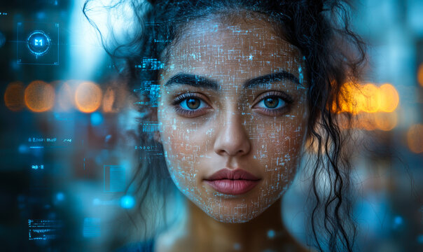 Closeup portrait of young woman with facial recognition digital overlay scanning for biometric data and artificial intelligence technology concept in futuristic blue tones