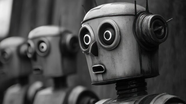 Robots in a row, worried expressions