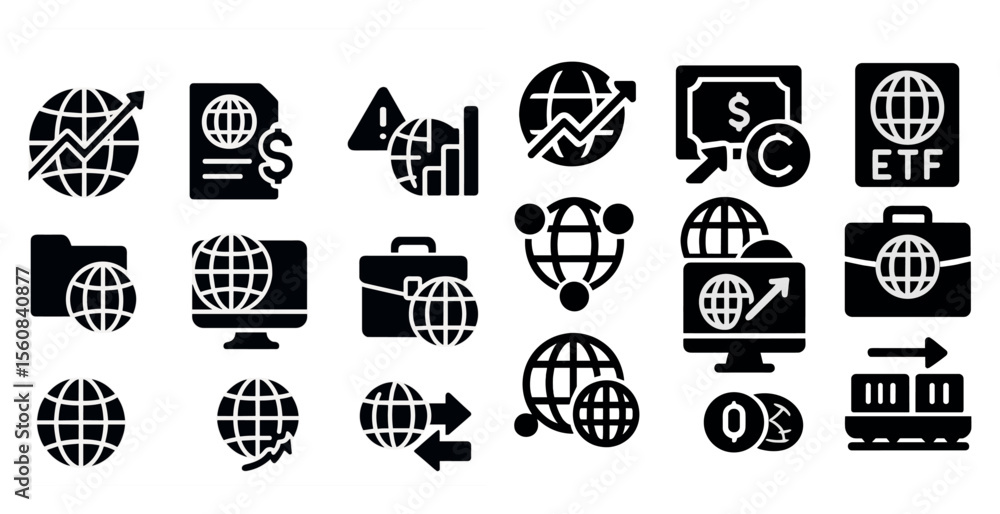 Aufkleber collection of icons that represent the world of finance. the icons include a globe, a computer monit