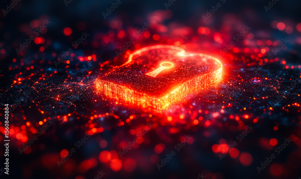 Poster glowing red digital lock icon representing cybersecurity data protection and network security concep