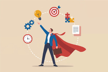 Businessman with superhero cape juggling business elements isolated on transparent background © gfxshakib2023