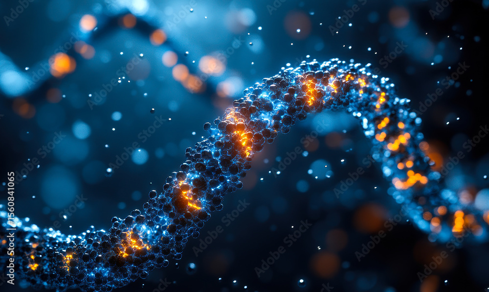 Poster close up 3d rendering of a glowing dna double helix strand with blue and orange molecular structures