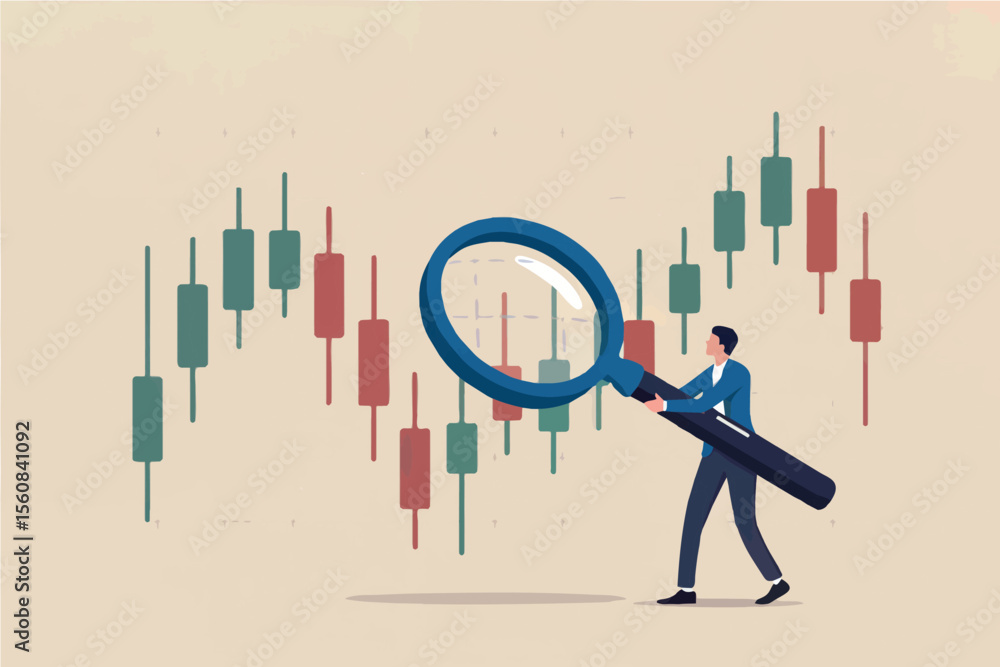 Poster man examining stock market graph with magnifying glass isolated on transparent background
