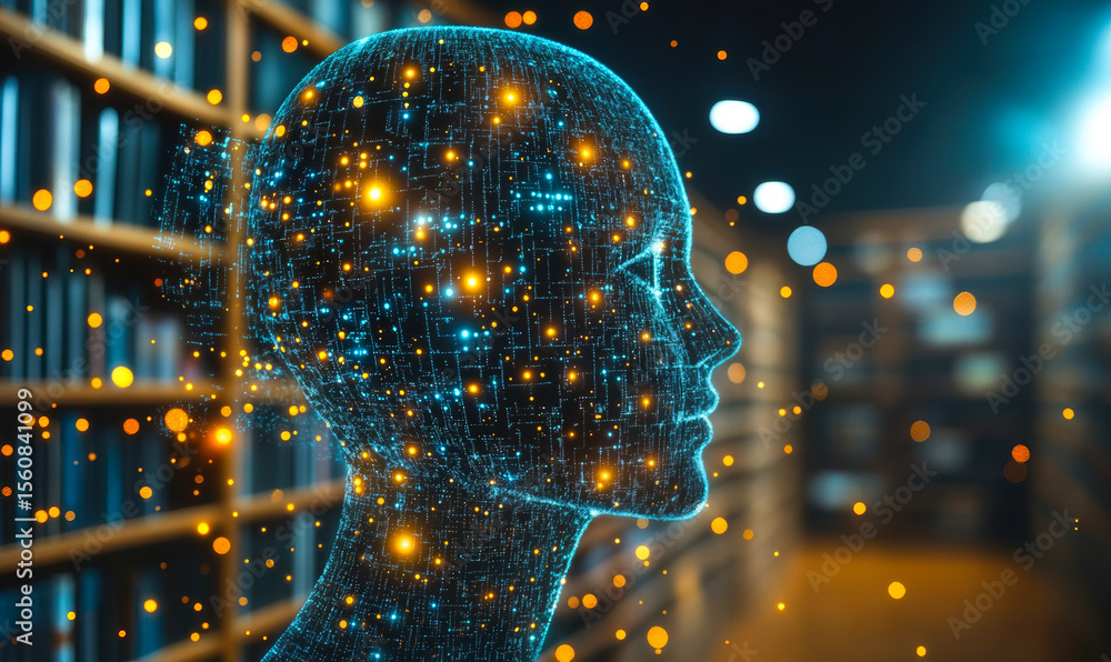 Poster digital artificial intelligence human head with glowing data points and neural network visualization