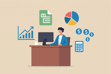Flat cartoon vector illustration of a person working at a desk with financial icons isolated on transparent background