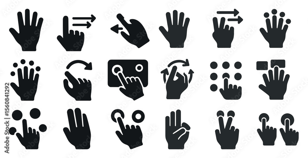 Poster collection of black and white icons of hands with various pointing gestures. the icons are arranged 