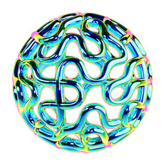 Abstract orb with flowing blue iridescent lines on black, transparent background