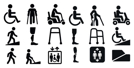 Naklejka na ściany i meble Collection of icons for people with disabilities. The icons include a wheelchair, a cane, a walker, and a scooter