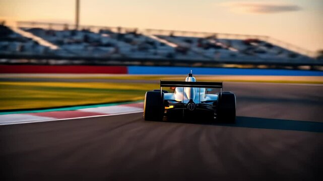 High-speed Formula race car on a sunset track corner, dynamic motorsport action footage for racing, speed, and performance concept. 4K cinematic video 

